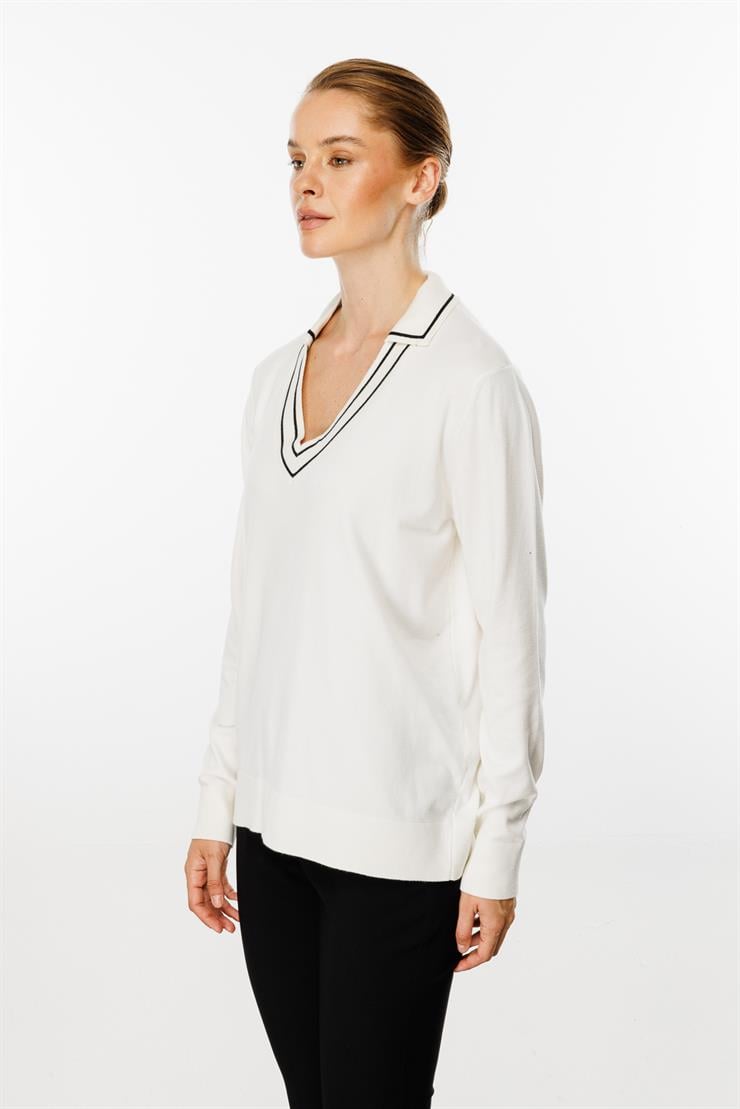 Gömlek Yaka Triko Bluz-EKRU
