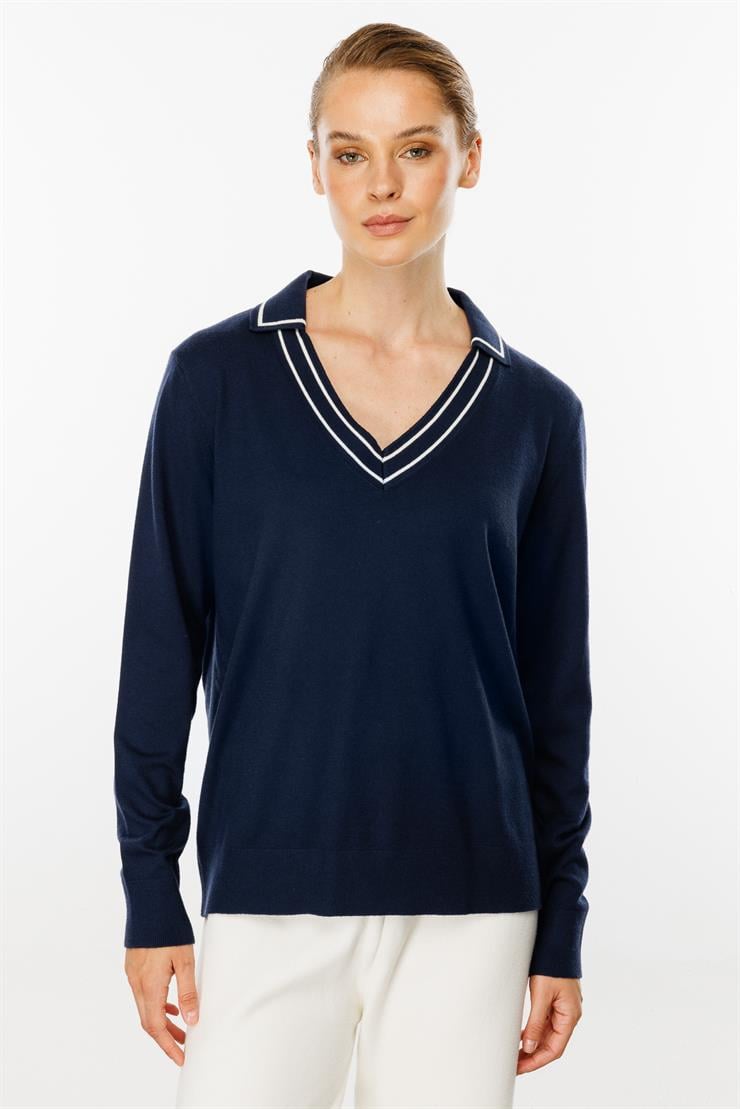 Gömlek Yaka Triko Bluz-LACİVERT