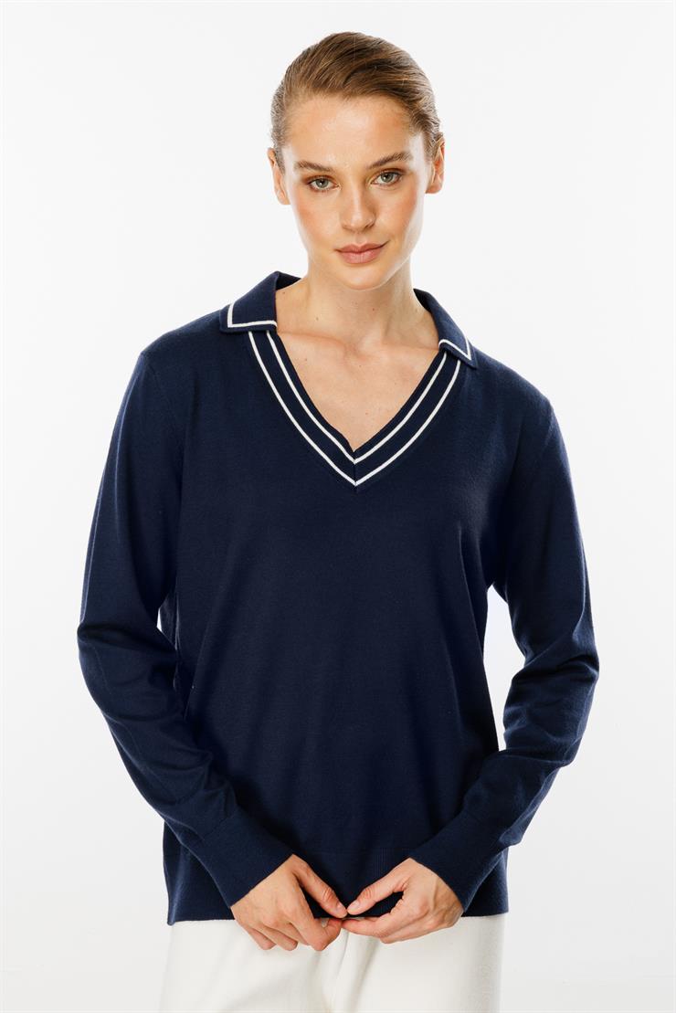 Gömlek Yaka Triko Bluz-LACİVERT