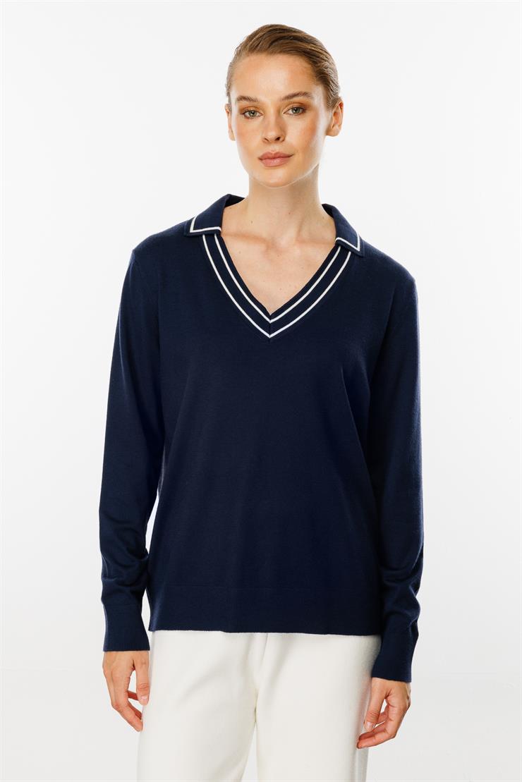 Gömlek Yaka Triko Bluz-LACİVERT