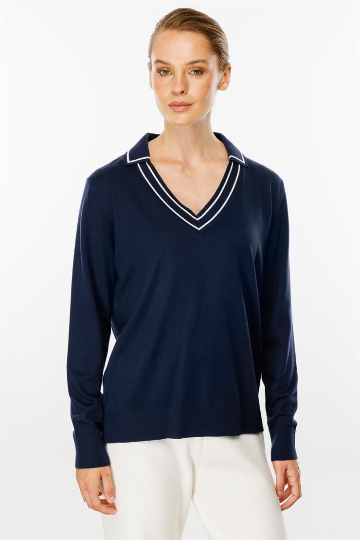 Gömlek Yaka Triko Bluz-LACİVERT