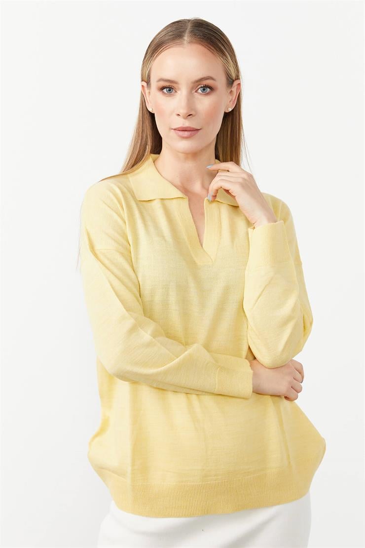 Gömlek Yaka Triko Bluz-SARI