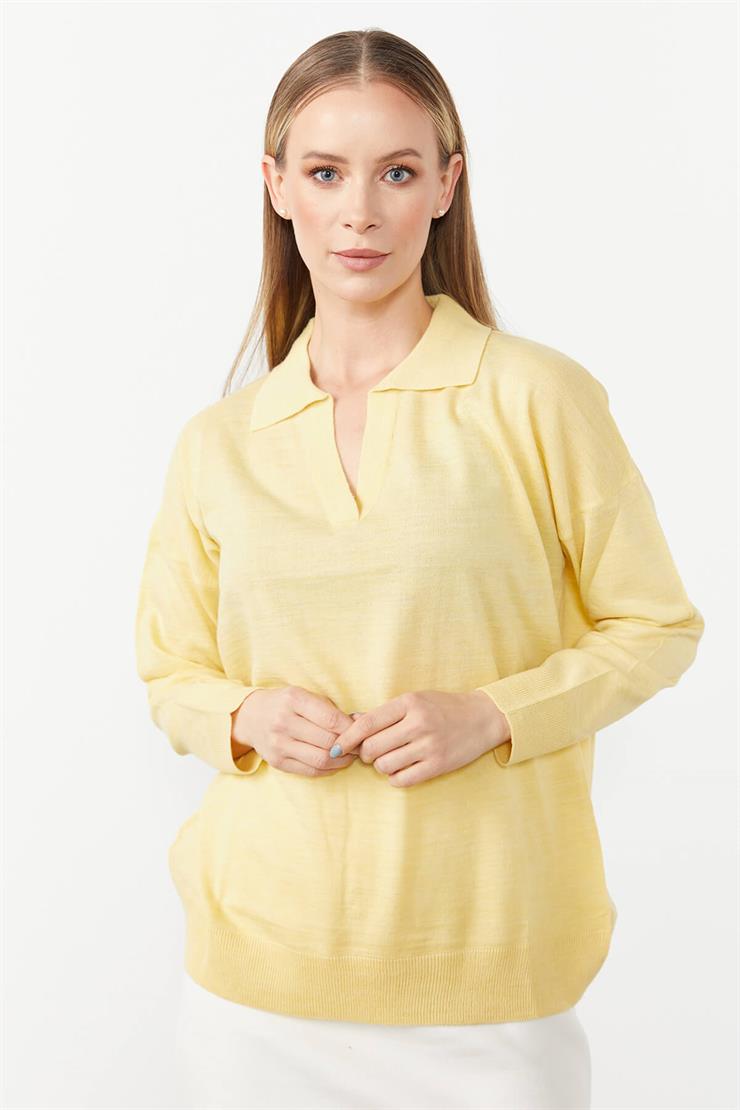 Gömlek Yaka Triko Bluz-SARI