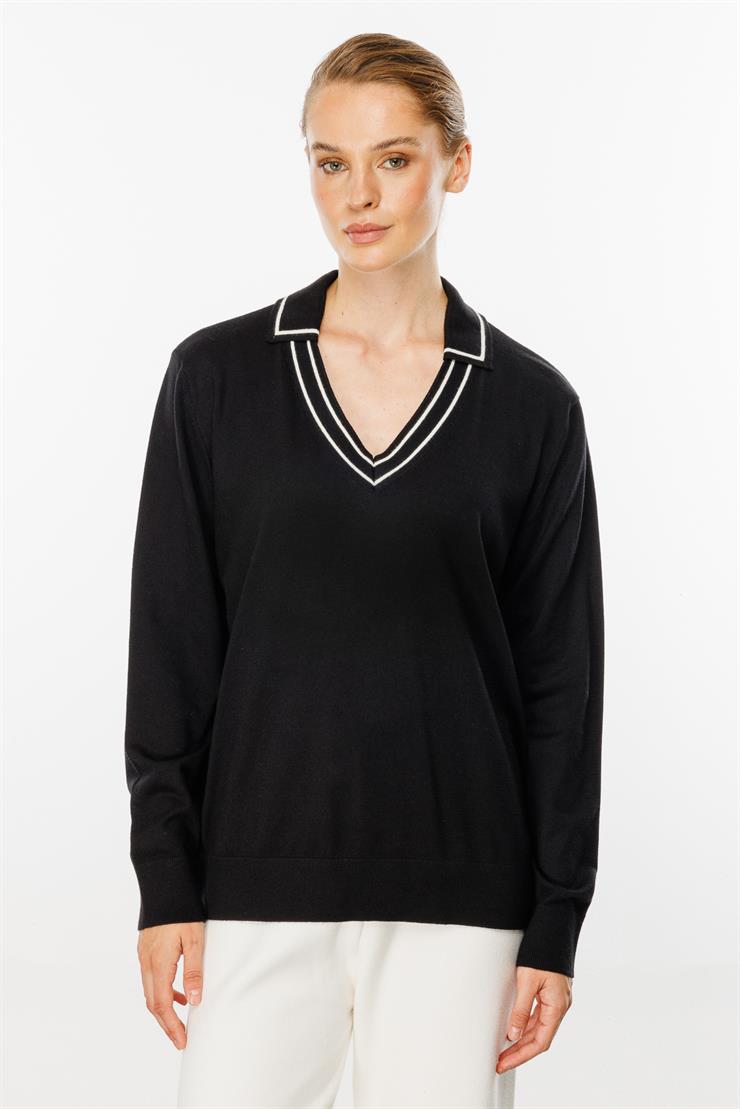 Gömlek Yaka Triko Bluz-SİYAH