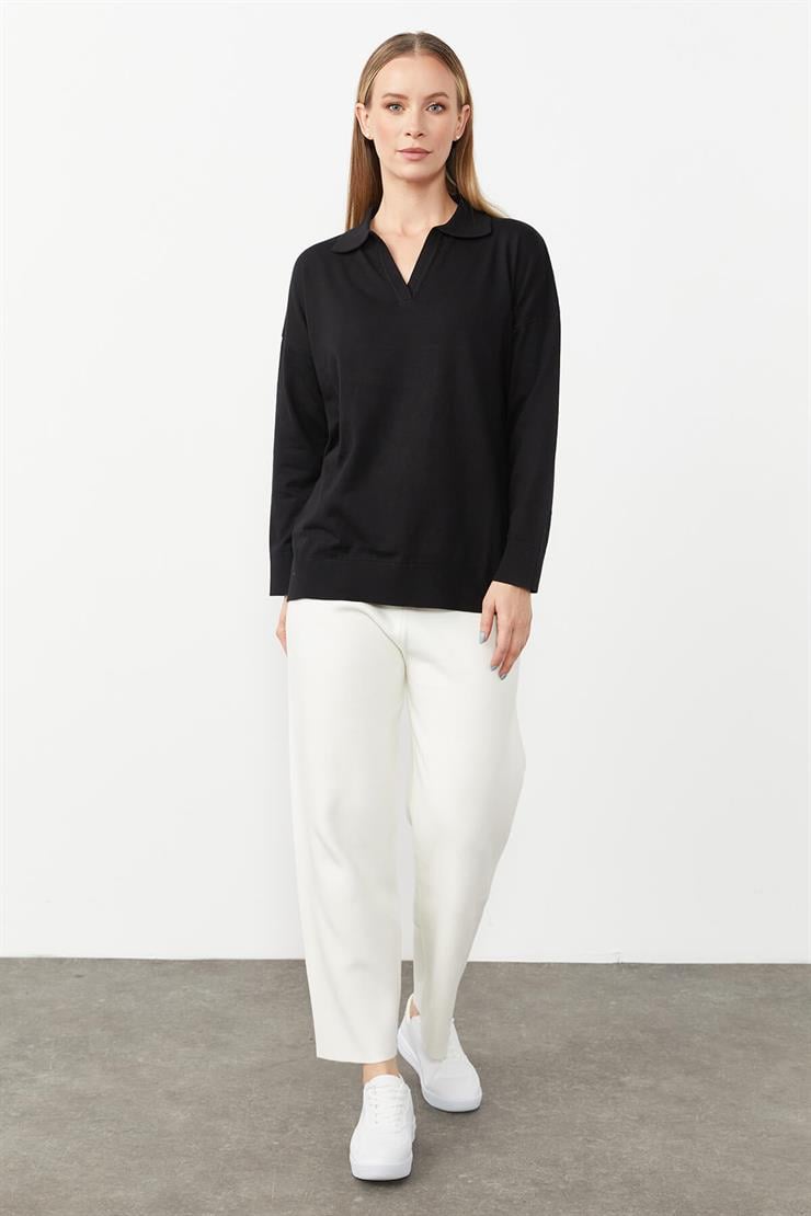 Gömlek Yaka Triko Bluz-SİYAH