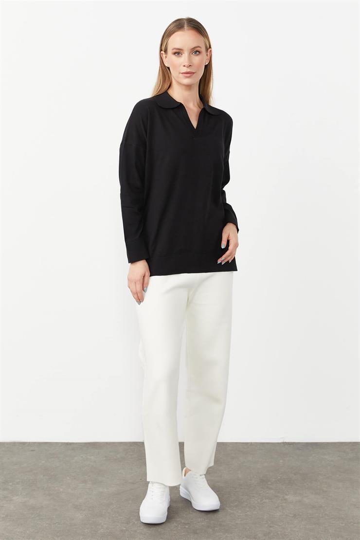 Gömlek Yaka Triko Bluz-SİYAH