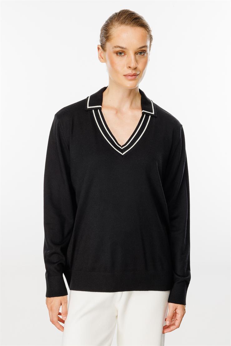 Gömlek Yaka Triko Bluz-SİYAH