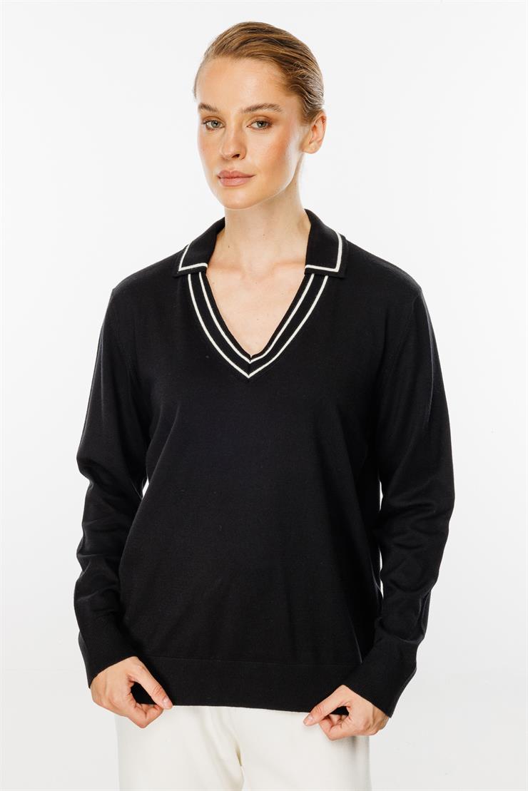 Gömlek Yaka Triko Bluz-SİYAH