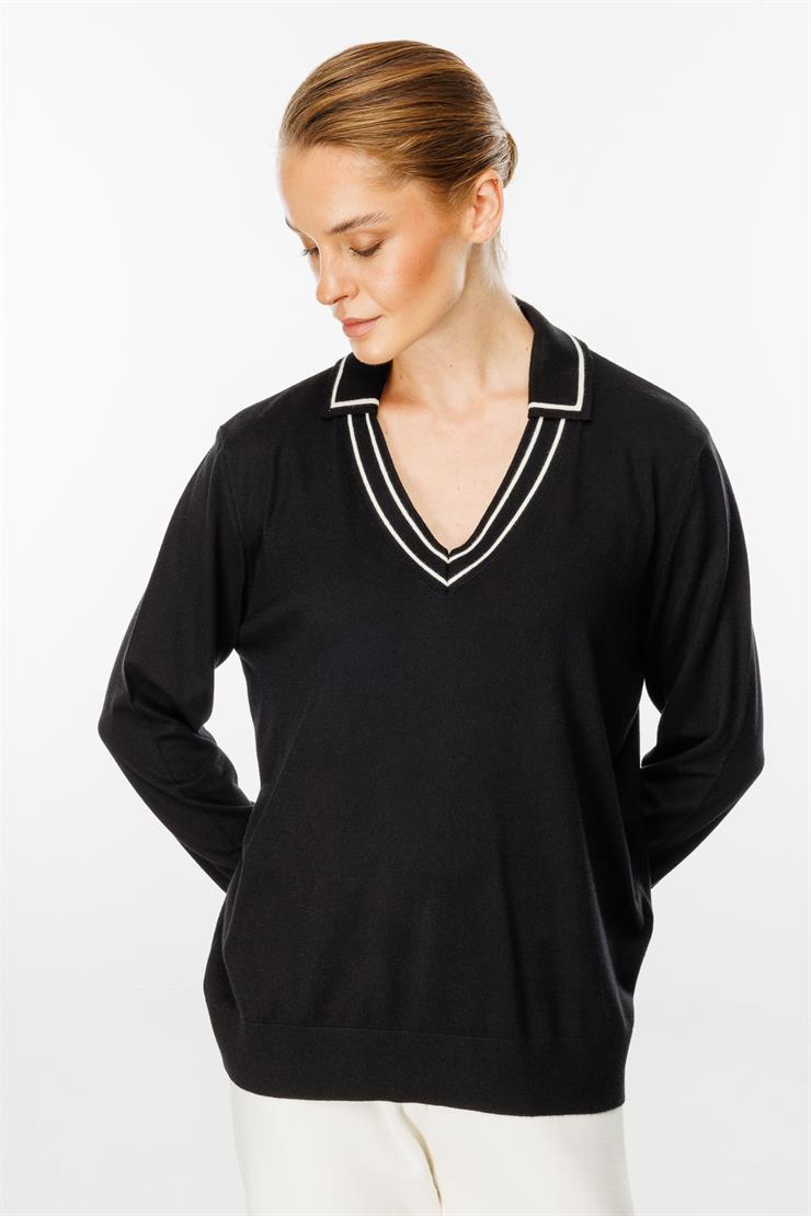 Gömlek Yaka Triko Bluz-SİYAH