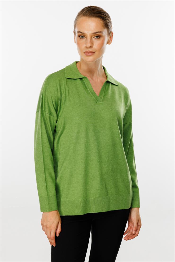 Gömlek Yaka Triko Bluz-Yesil