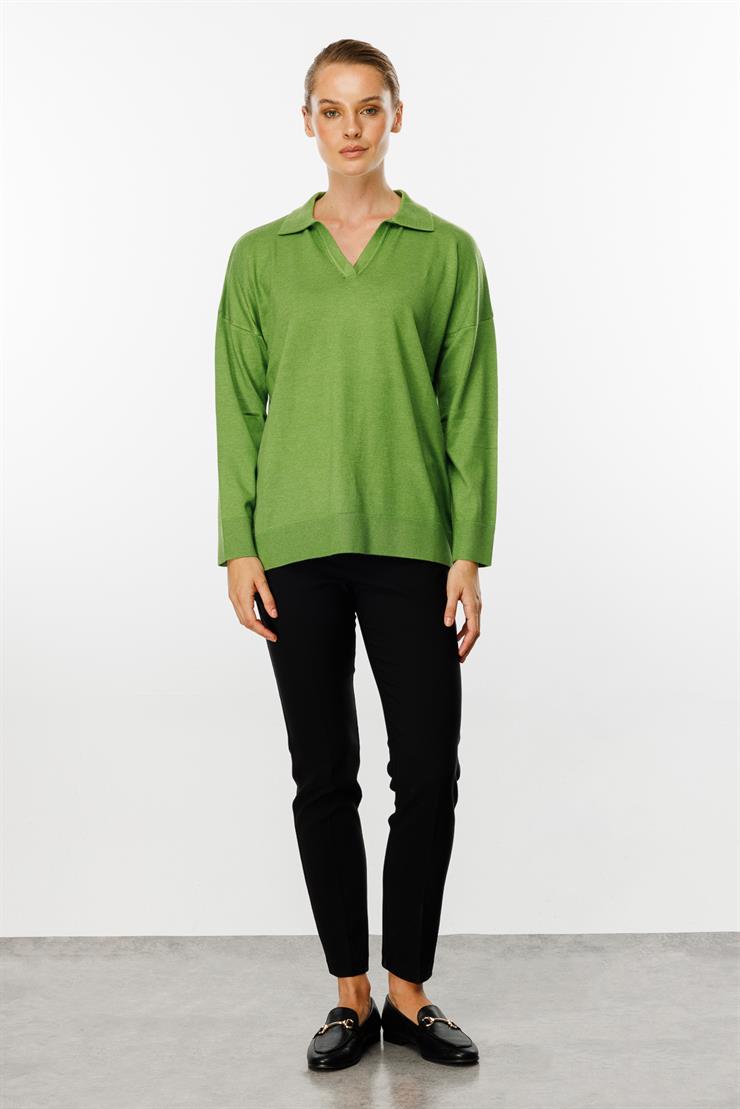 Gömlek Yaka Triko Bluz-Yesil