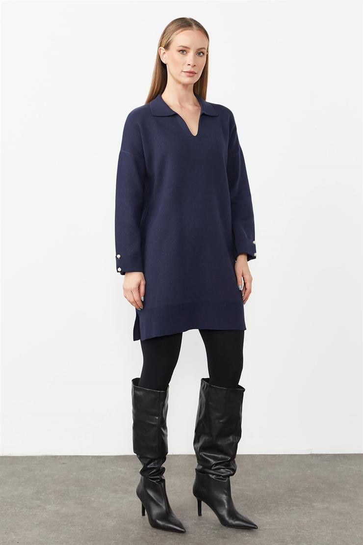 Gömlek Yaka Triko Elbise-LACİVERT