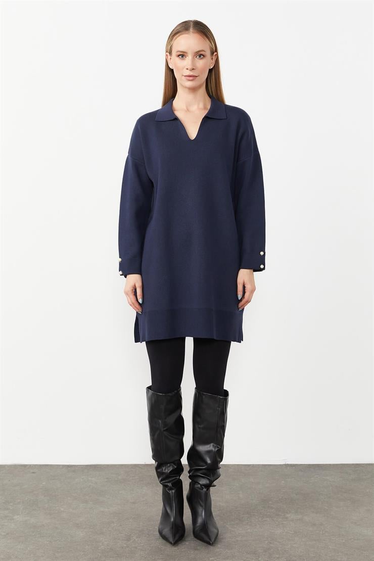 Gömlek Yaka Triko Elbise-LACİVERT