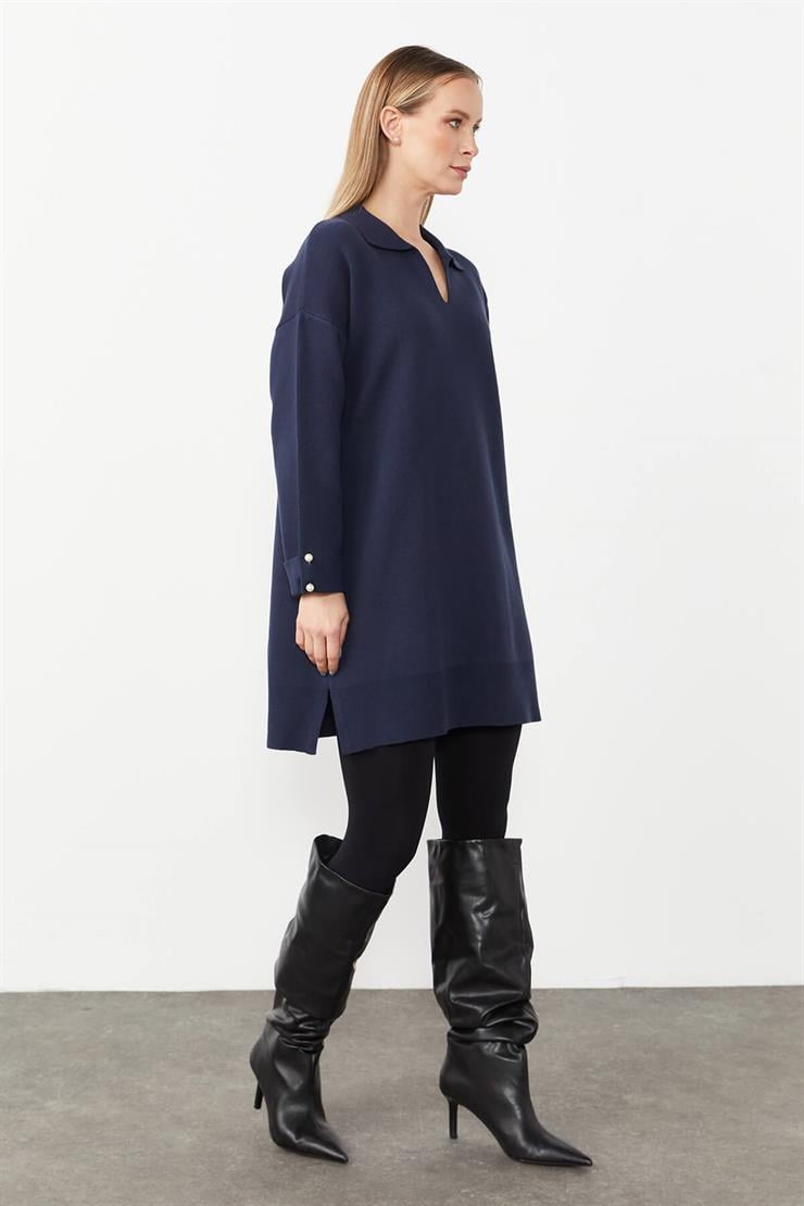 Gömlek Yaka Triko Elbise-LACİVERT