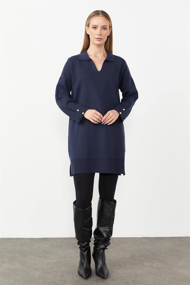 Gömlek Yaka Triko Elbise-LACİVERT