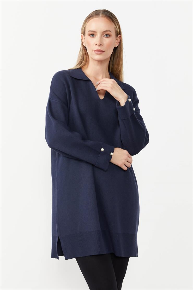 Gömlek Yaka Triko Elbise-LACİVERT