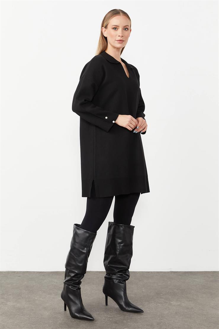 Gömlek Yaka Triko Elbise-SİYAH