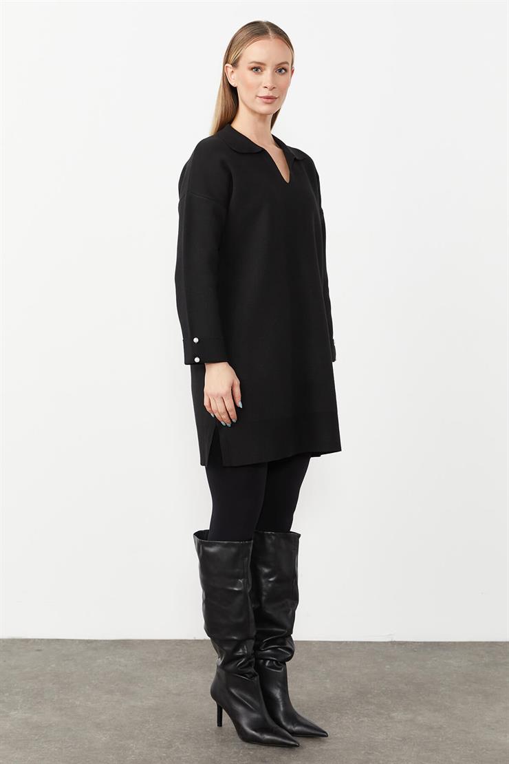 Gömlek Yaka Triko Elbise-SİYAH