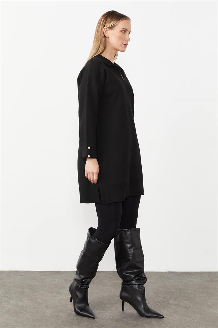 Gömlek Yaka Triko Elbise-SİYAH