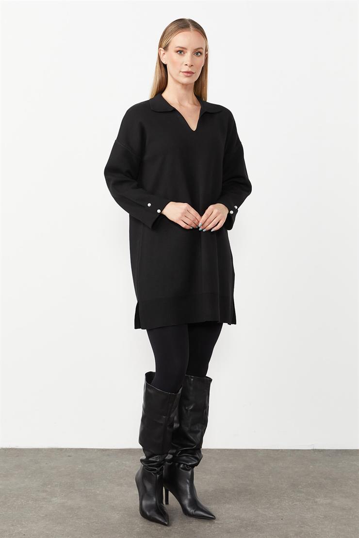 Gömlek Yaka Triko Elbise-SİYAH