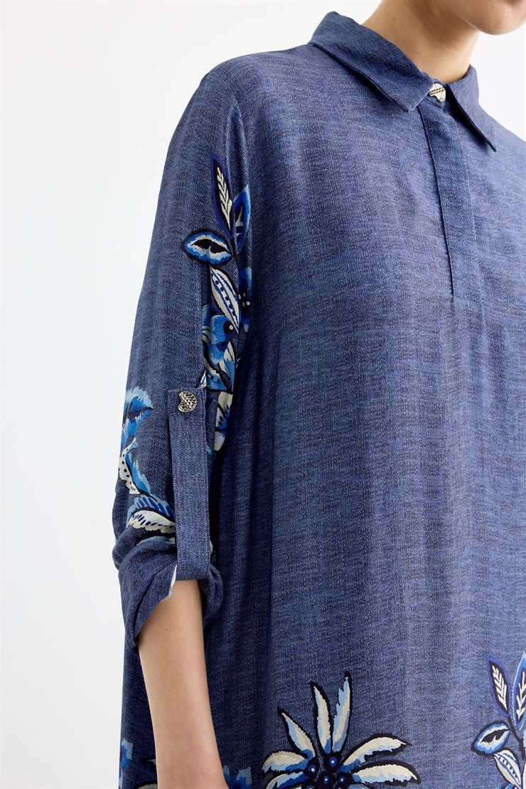 Gömlek Yaka Yarım Patlı Floral Desenli Elbise LACİVERT