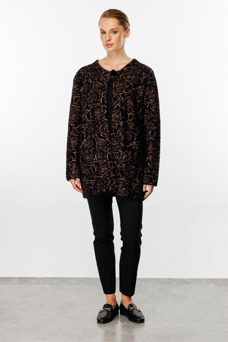 Gül Desenli Angored Ceket-Siyah - Camel