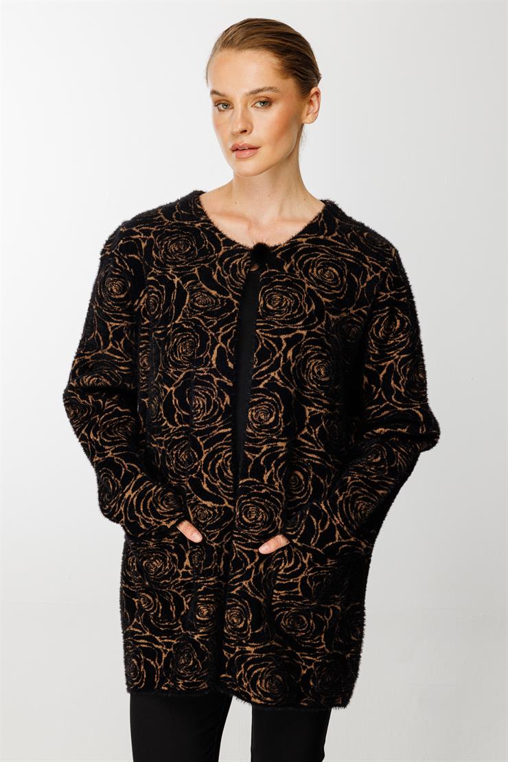 Gül Desenli Angored Ceket-Siyah - Camel