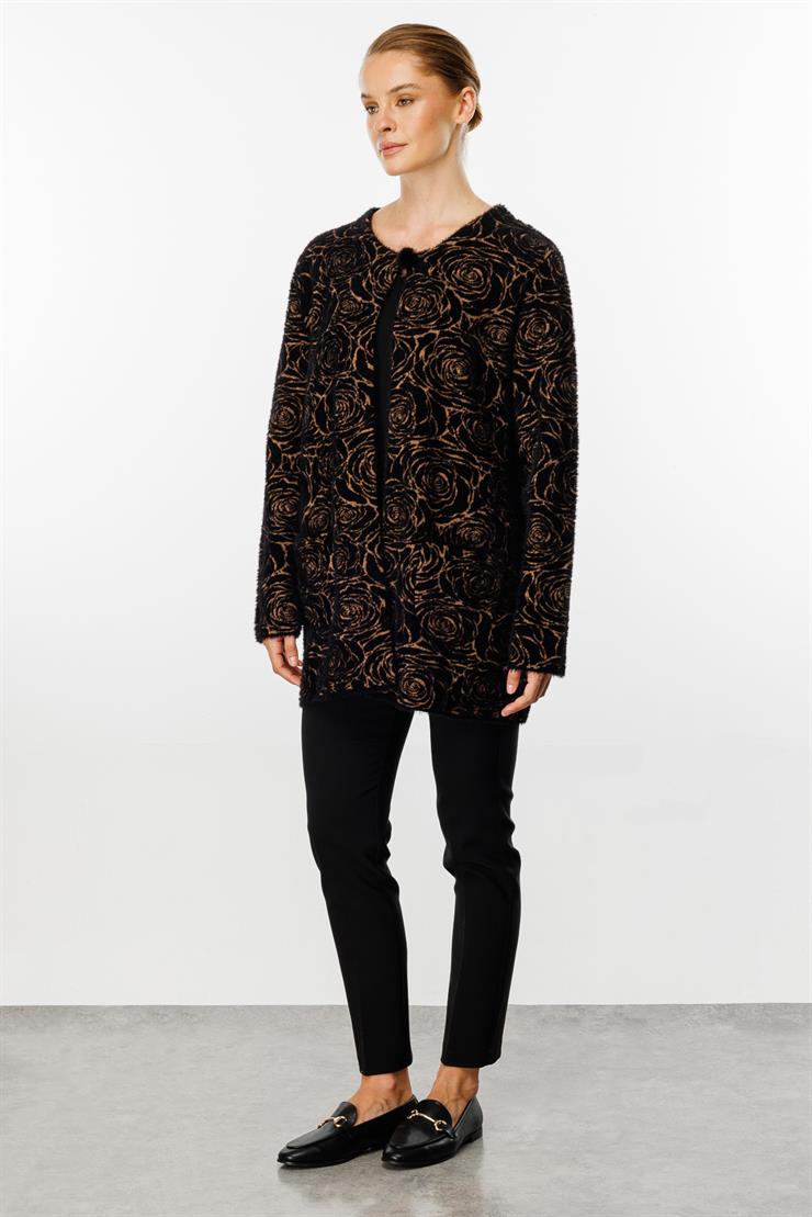 Gül Desenli Angored Ceket-Siyah - Camel