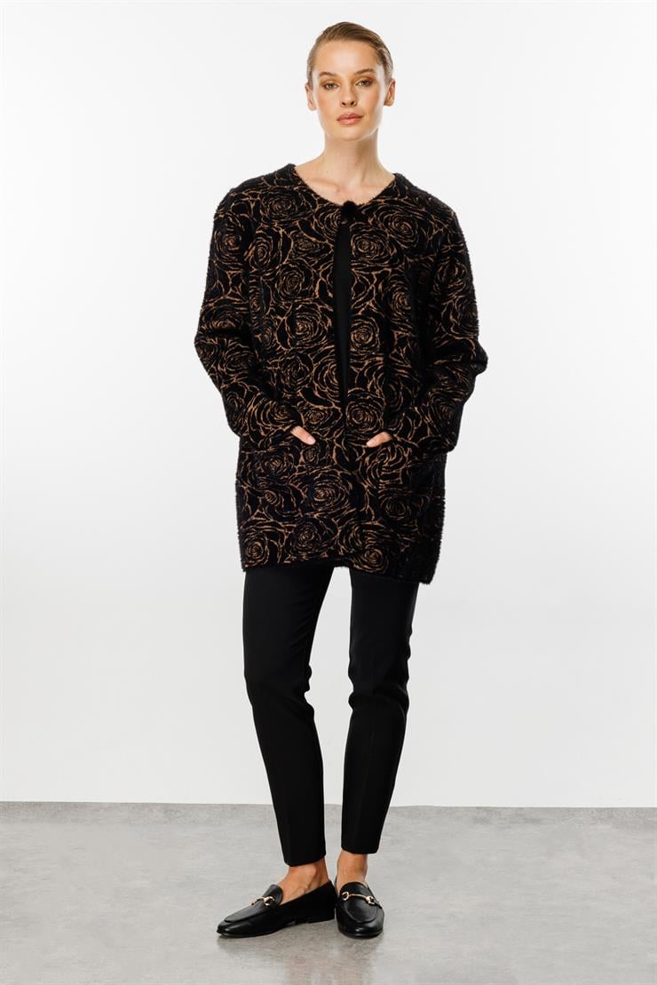 Gül Desenli Angored Ceket-Siyah - Camel