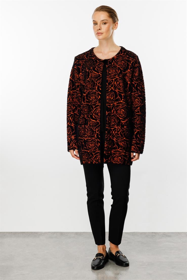 Gül Desenli Angored Ceket-Siyah - Turuncu