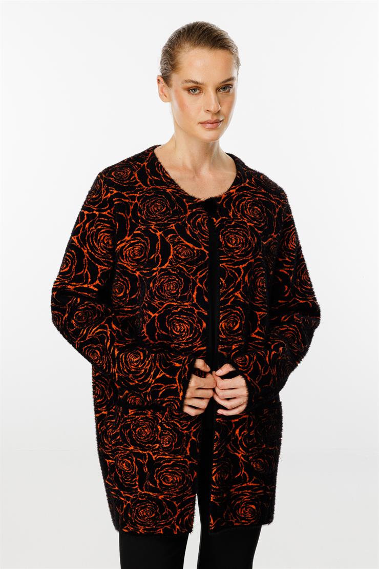 Gül Desenli Angored Ceket-Siyah - Turuncu