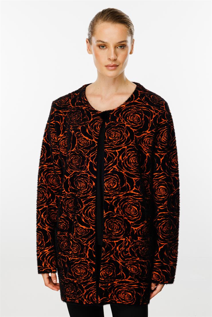 Gül Desenli Angored Ceket-Siyah - Turuncu