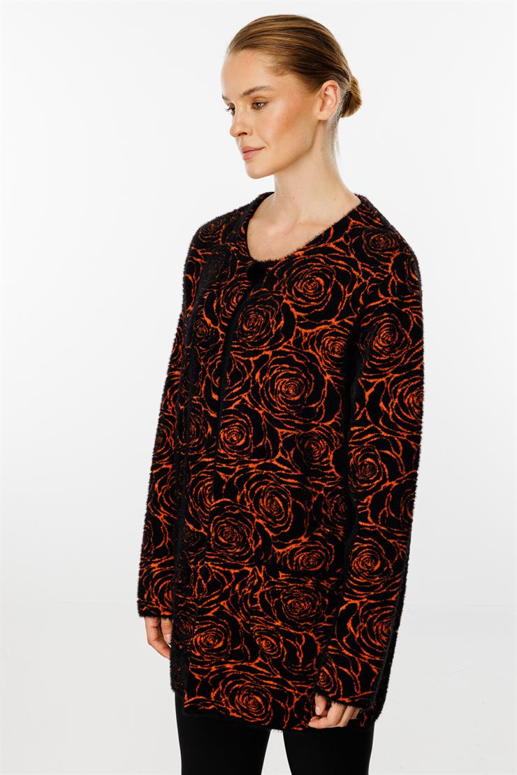 Gül Desenli Angored Ceket-Siyah - Turuncu
