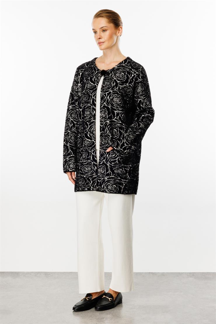 Gül Desenli Angored Ceket-Siyah-Ekru