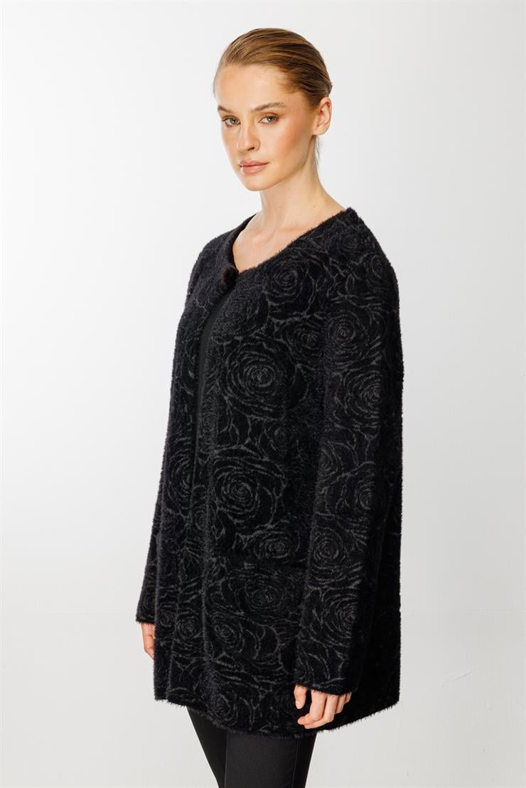 Gül Desenli Angored Ceket-Siyah-Füme