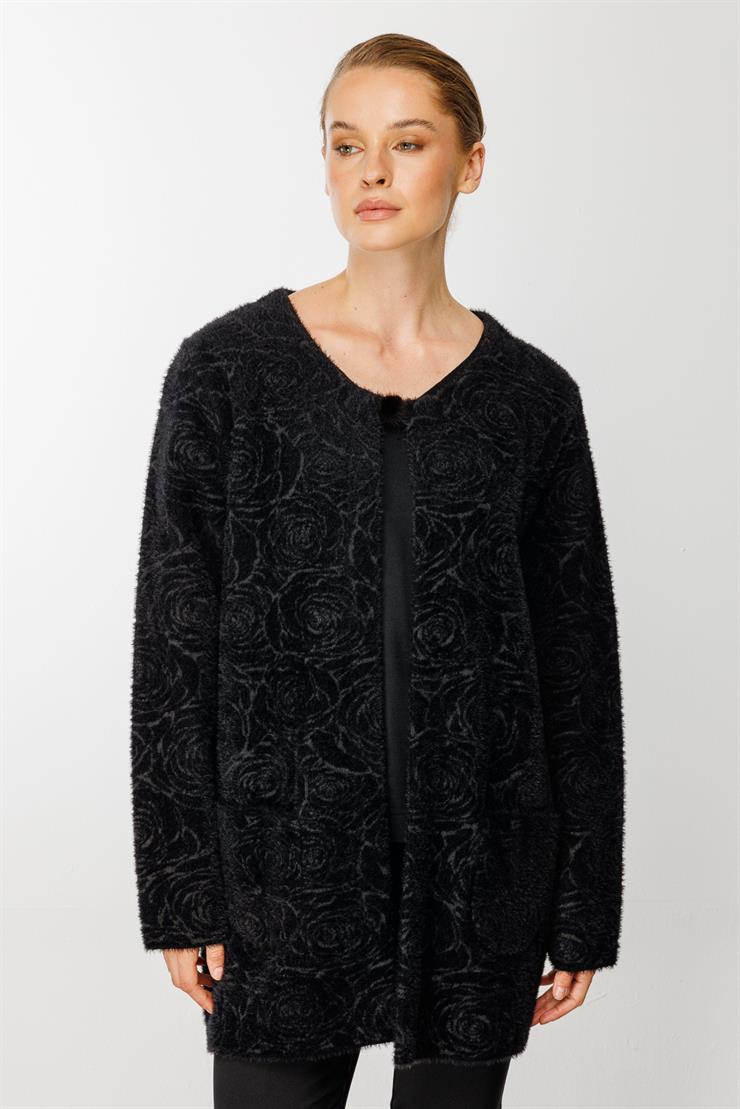 Gül Desenli Angored Ceket-Siyah-Füme