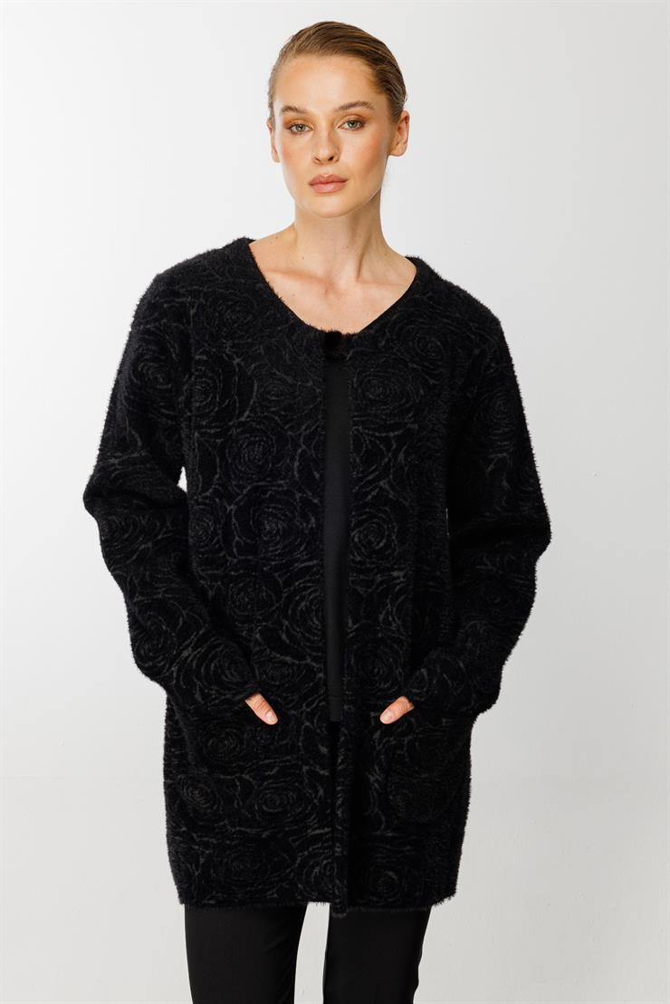 Gül Desenli Angored Ceket-Siyah-Füme
