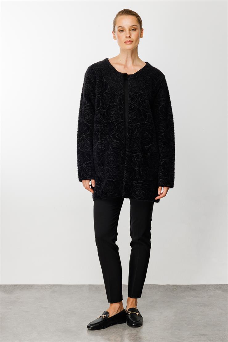 Gül Desenli Angored Ceket-Siyah-Füme