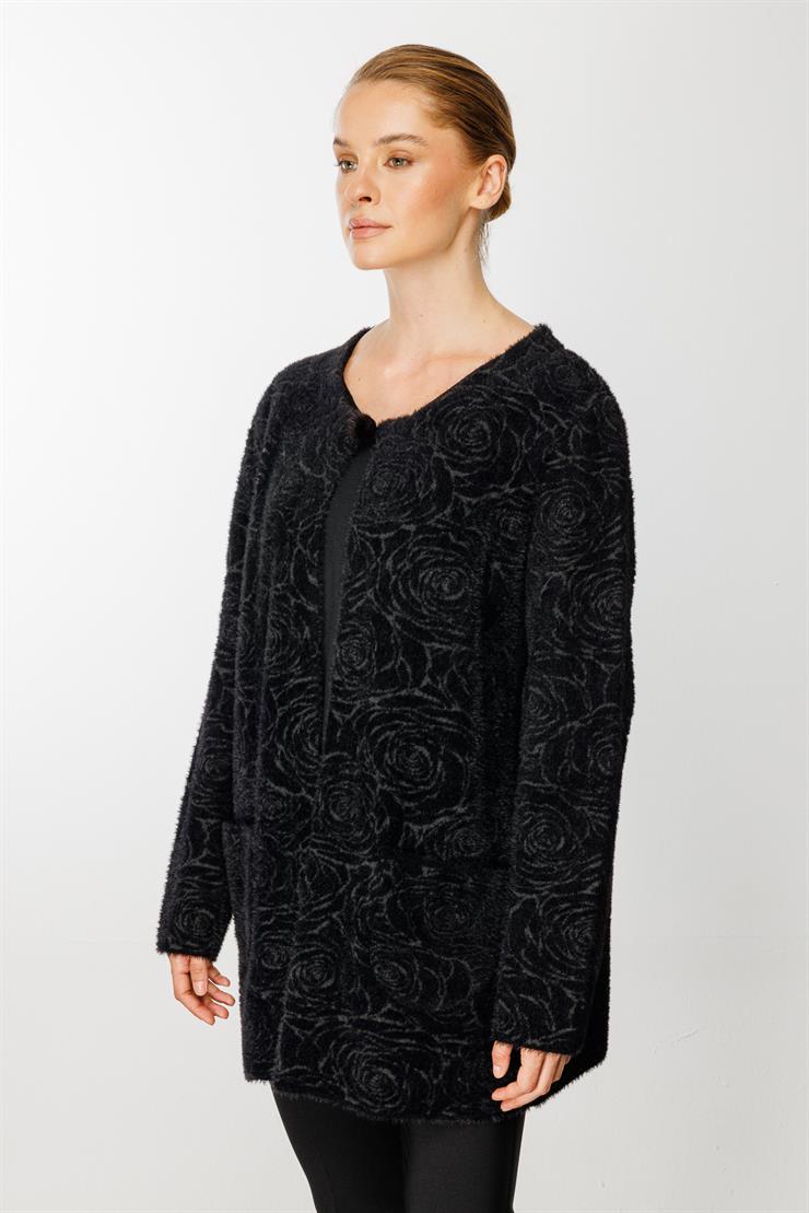 Gül Desenli Angored Ceket-Siyah-Füme