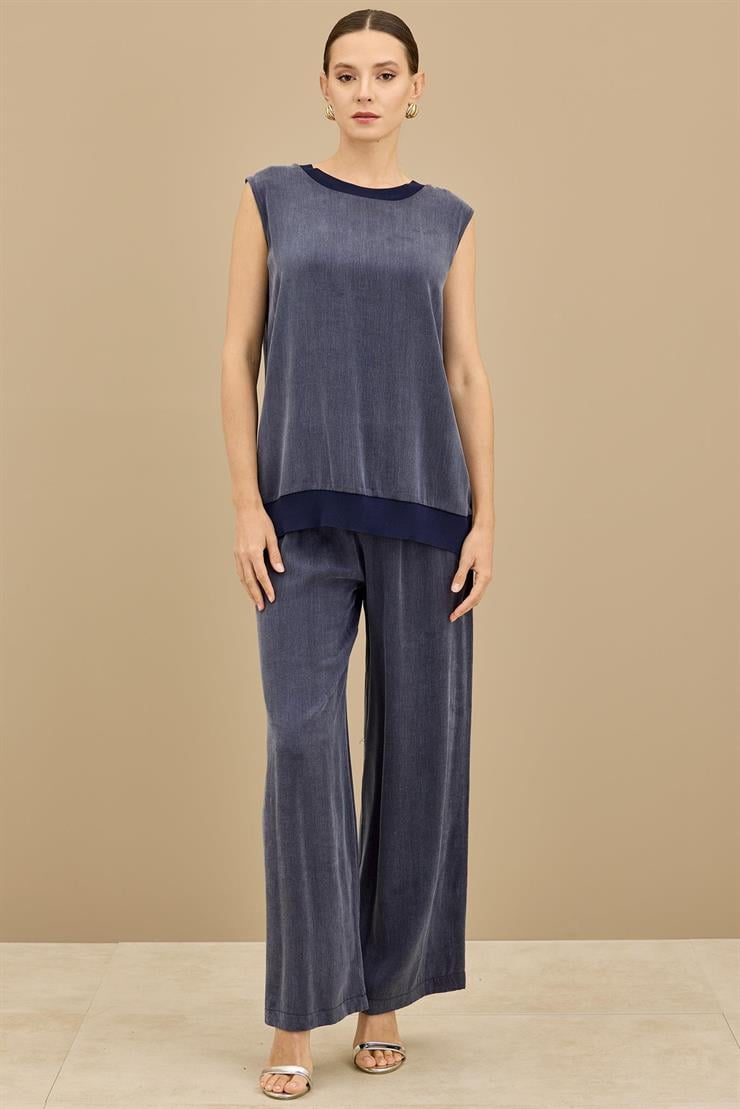 İçi Kolsuz Bluzlu 3lü Pantolonlu Takım LACİVERT