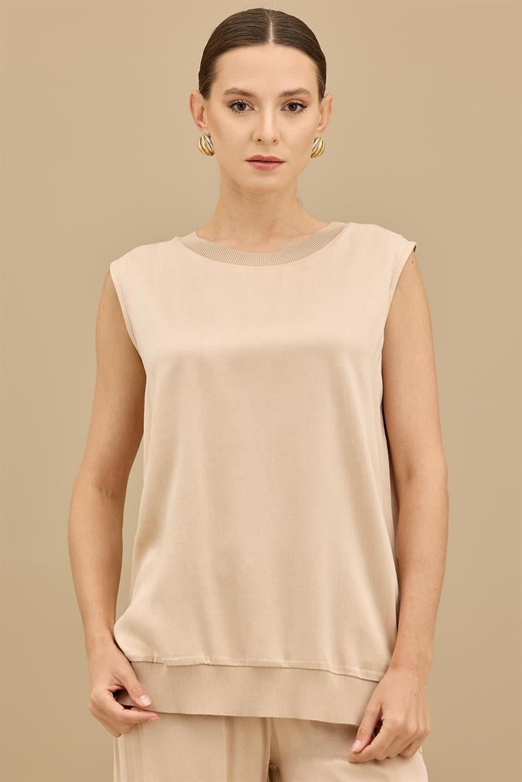 İçi Kolsuz Bluzlu Pantolonlu 3lü Set BEJ