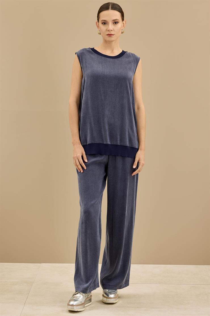 İçi Kolsuz Bluzlu Pantolonlu 3lü Set LACİVERT