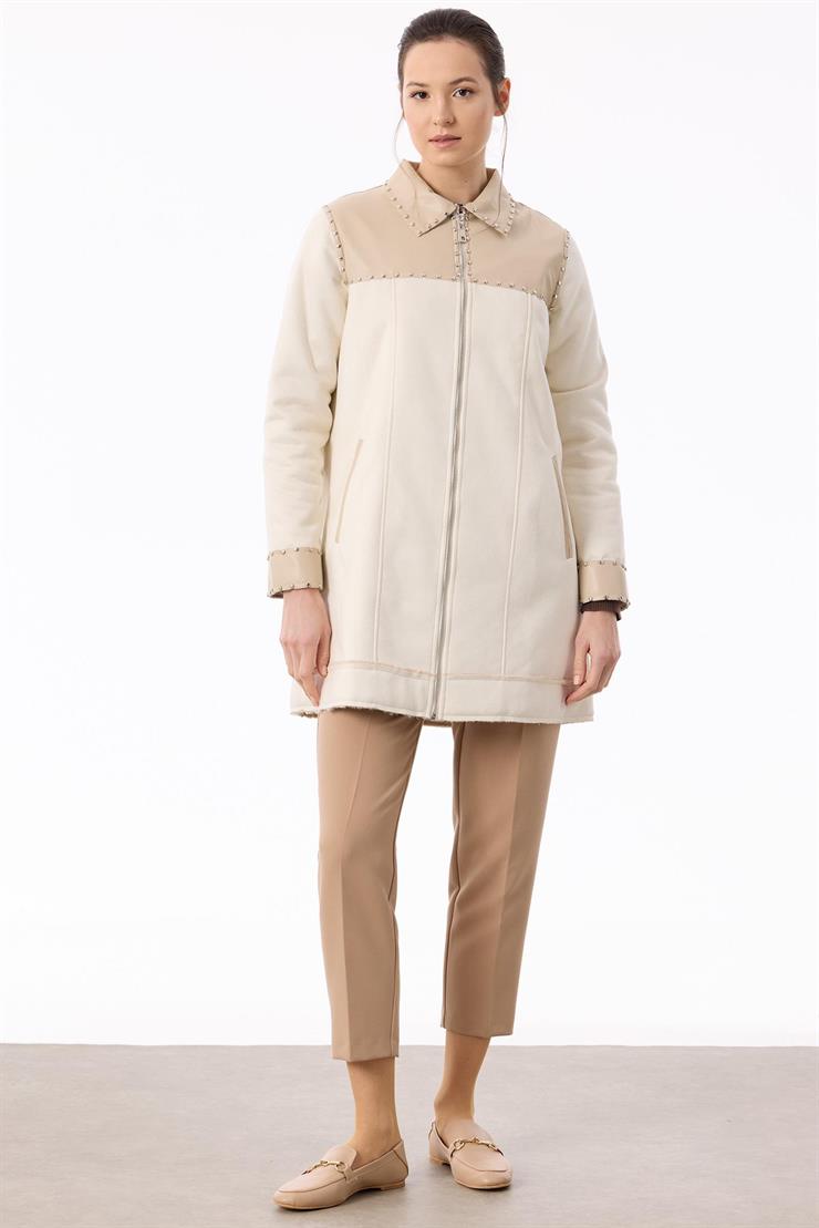 İçi Kürklü Zımba Detaylı Kaban BEJ