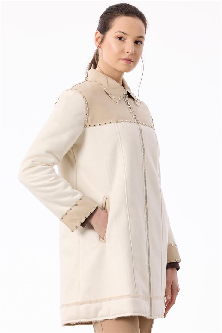 İçi Kürklü Zımba Detaylı Kaban BEJ