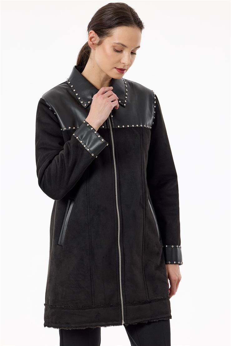 İçi Kürklü Zımba Detaylı Kaban SİYAH