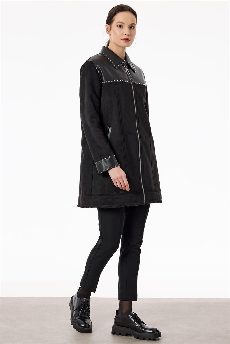 İçi Kürklü Zımba Detaylı Kaban SİYAH