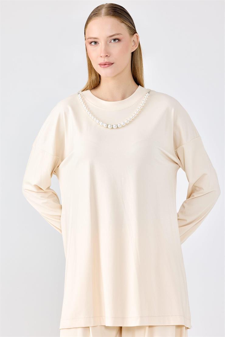 İnci Detaylı Tunik Pantolon Takım BEJ