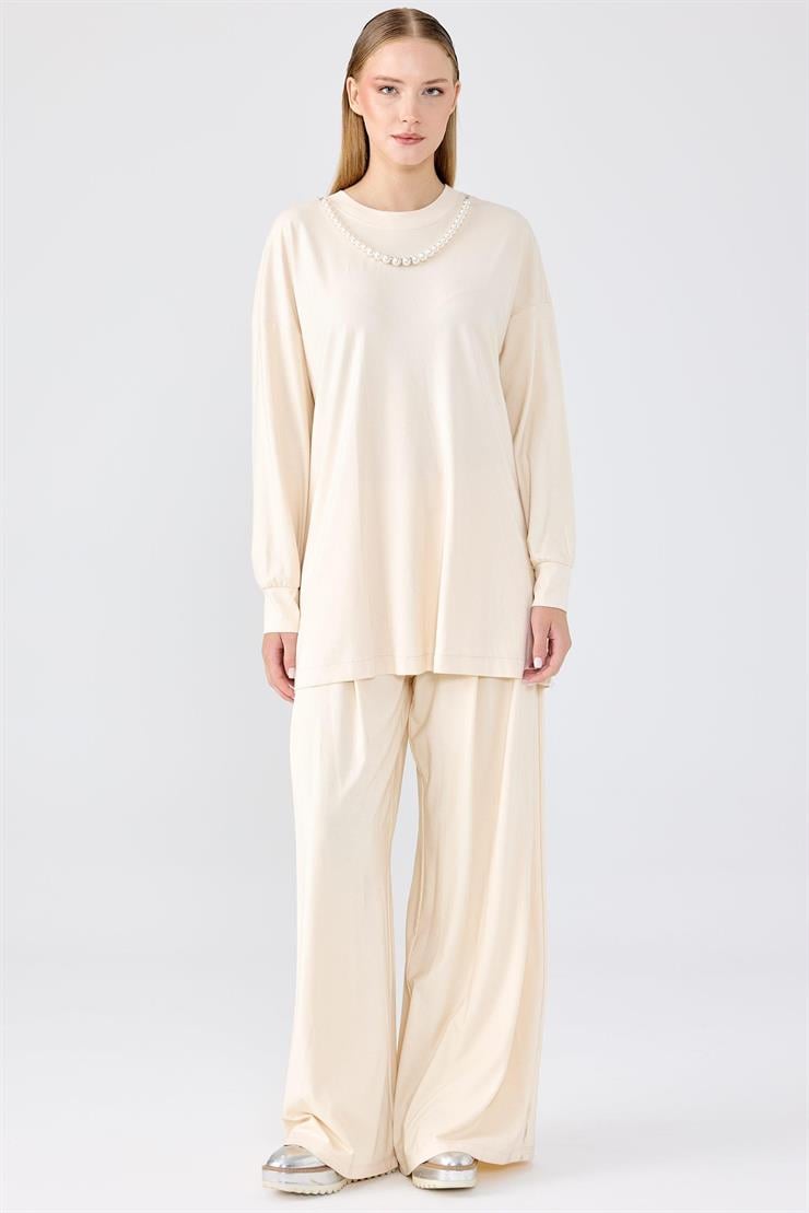 İnci Detaylı Tunik Pantolon Takım BEJ