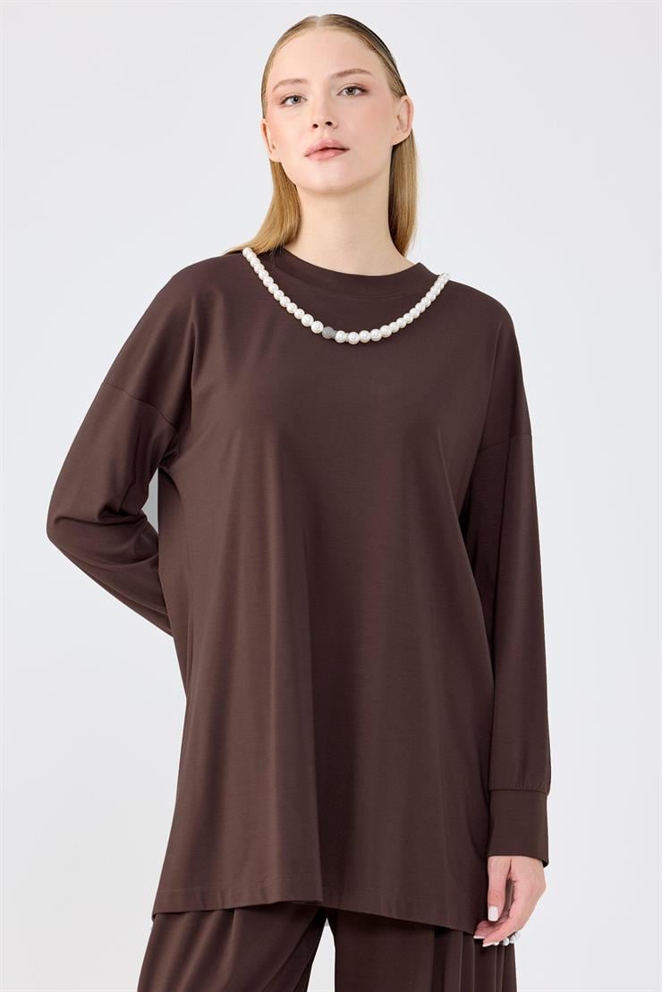 İnci Detaylı Tunik Pantolon Takım KAHVE