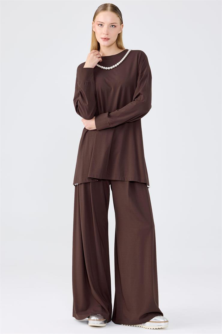 İnci Detaylı Tunik Pantolon Takım KAHVE